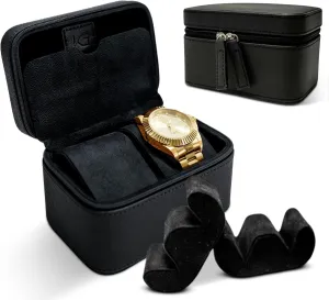 2 Watch Travel Case for Men - Portable 2 Slot PU Leather w/Velvet Inside Secure Travel Watch Case Holder w/Removable Pillows, Dividers | Watch Box for Men | Perfect Gifts For Watch Enthusiasts (Black)