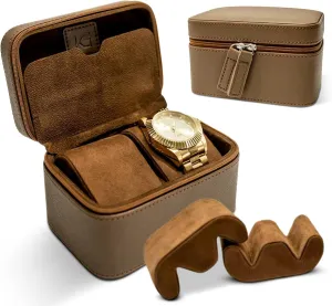 2 Watch Travel Case for Men - Portable 2 Slot PU Leather w/Velvet Inside Secure Travel Watch Case Holder w/Removable Pillows, Dividers | Watch Box for Men | Perfect Gifts For Watch Enthusiasts (Brown)