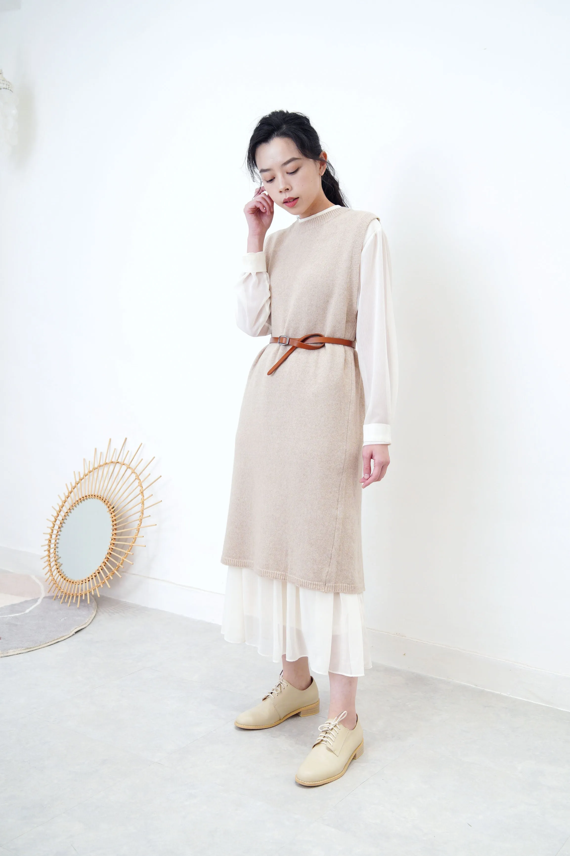 Beige wool vest slit dress w/ waist strap