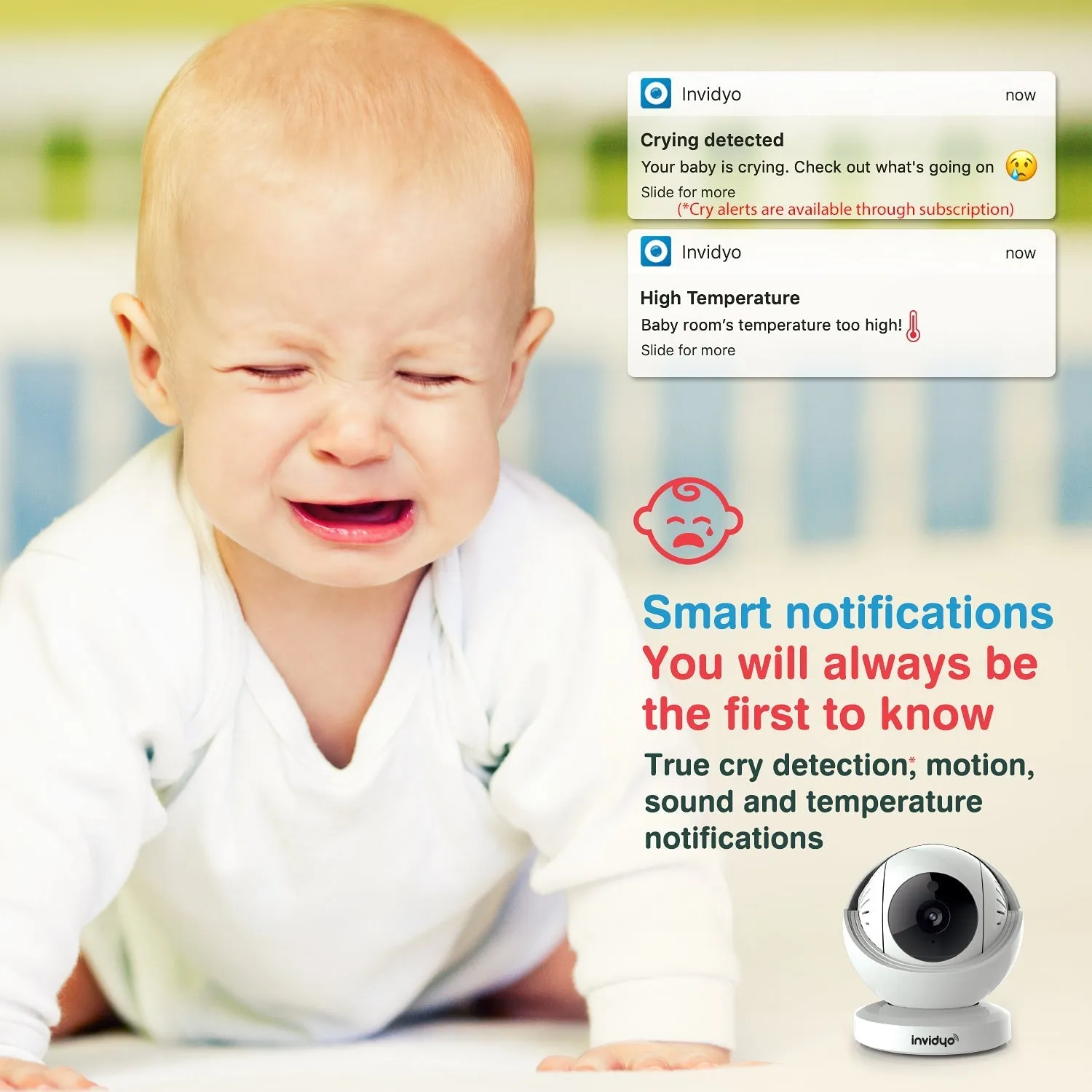 Invidyo The World's Smartest Video Baby Monitor with Crib Mount   1-Year Subscription
