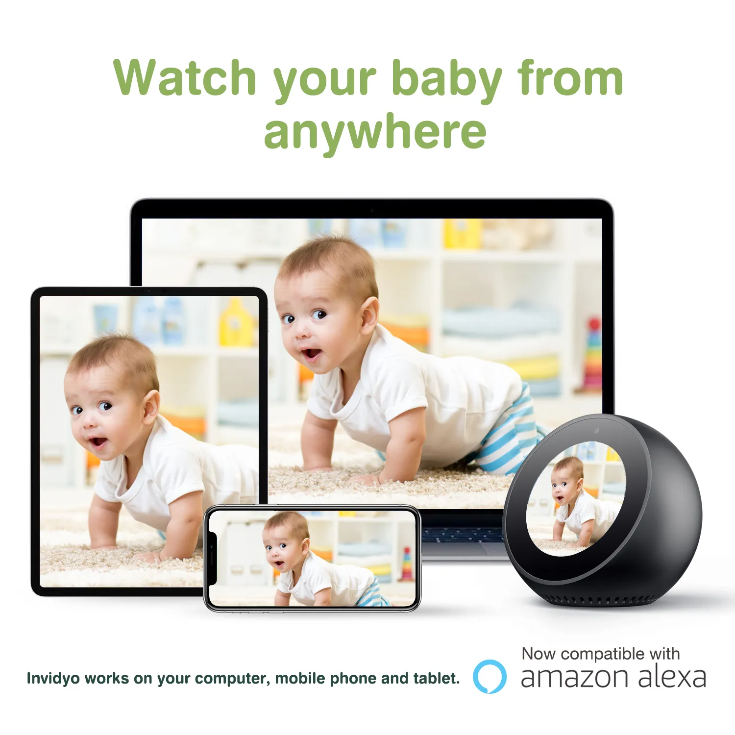 Invidyo The World's Smartest Video Baby Monitor with Crib Mount   1-Year Subscription