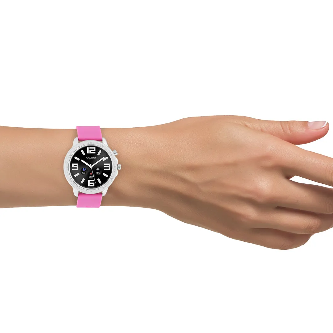 Silver coloured OOZOO smartwatch with raspberry pink rubber strap - Q00314