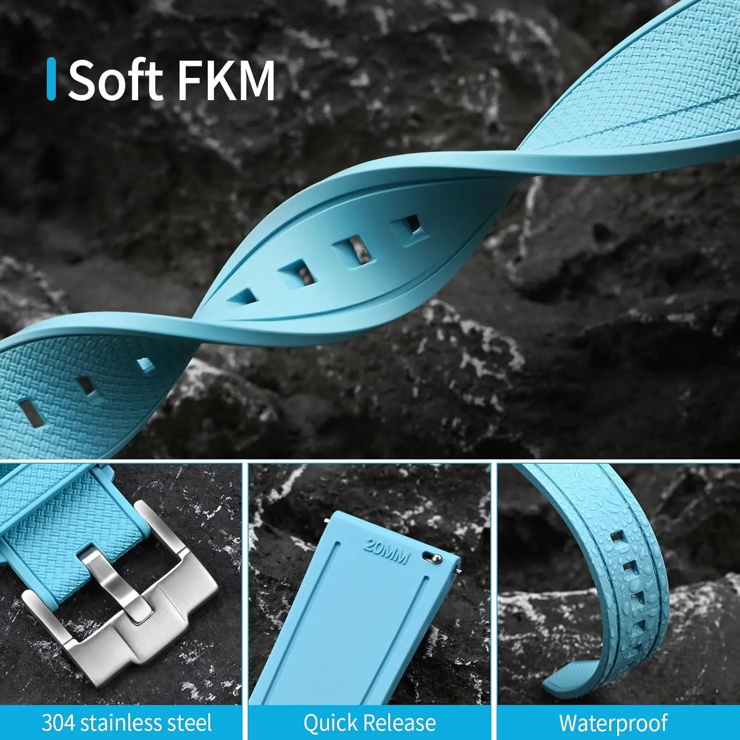 ULLCHRO FKM Rubber Watch Strap 20mm 22mm Quick Release Fluororubber Band with Silver Buckle Soft Breathable Durable Rubber Sport Strap for Men Women Waterproof Silicone Replacement