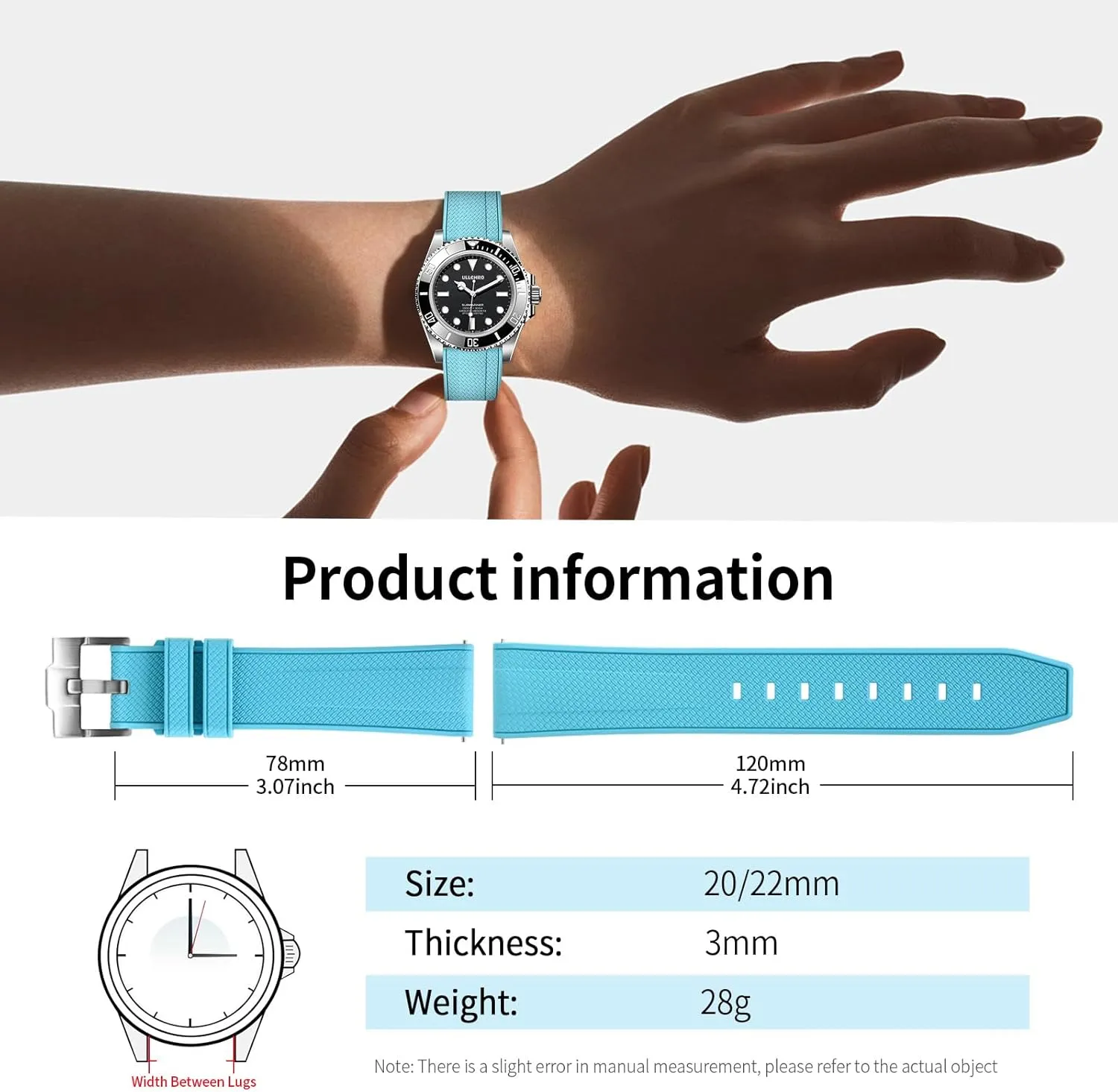 ULLCHRO FKM Rubber Watch Strap 20mm 22mm Quick Release Fluororubber Band with Silver Buckle Soft Breathable Durable Rubber Sport Strap for Men Women Waterproof Silicone Replacement